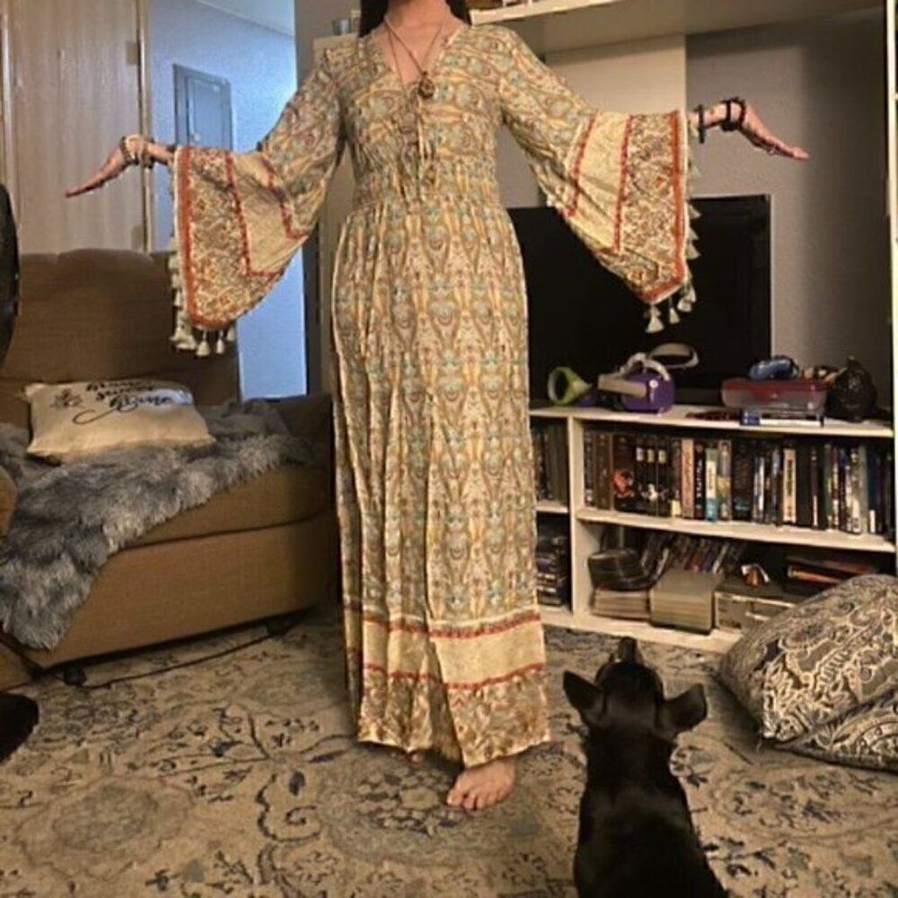 Bohemian Floral Print Woven Bell Sleeve Flounce Peasant Maxi Hippie Dress L - Picture 12 of 12